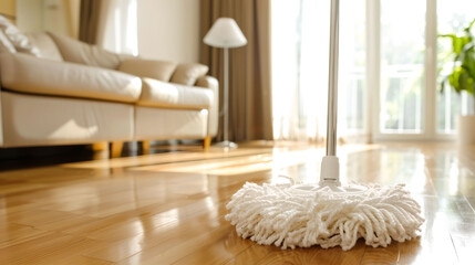 Cleaning mop on the wooden floor in the room.