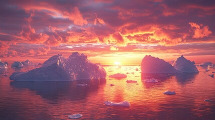 Melting icebergs in vibrant sunset hues, global warming, climate change awareness