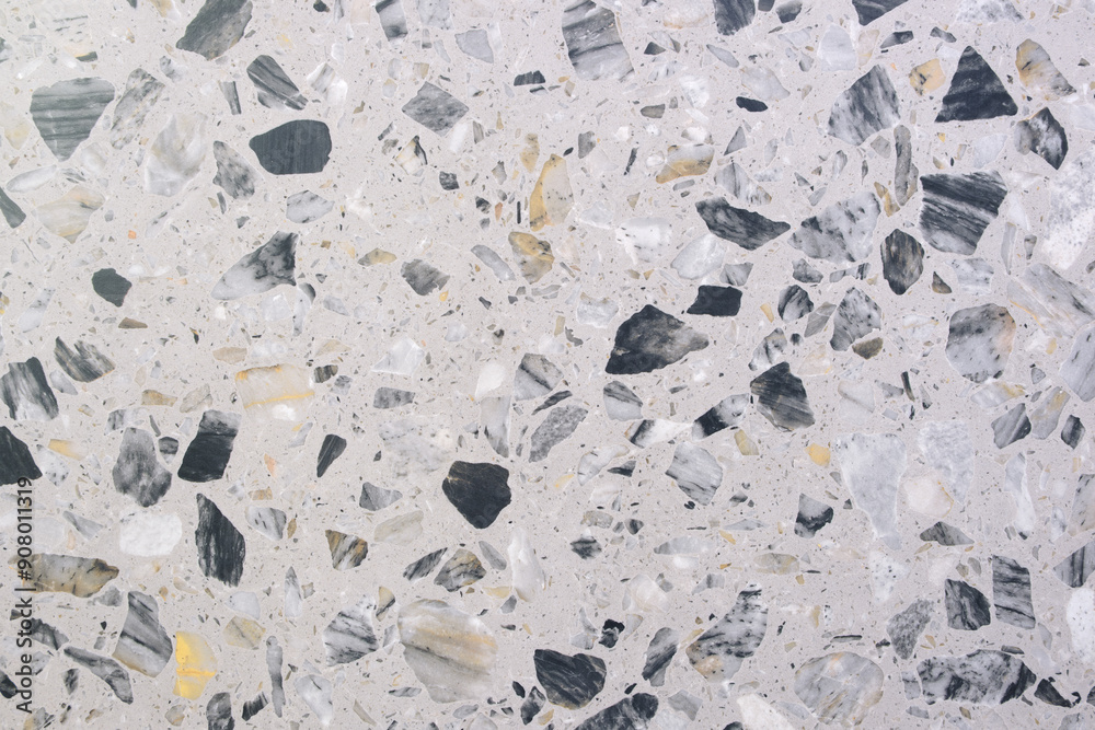 Poster a stone floor with a lot of black and white stones. the floor is very textured and has a lot of diff