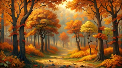 Obraz premium Autumn Forest Path with Colorful Fall Foliage Representing Tranquility and Beauty