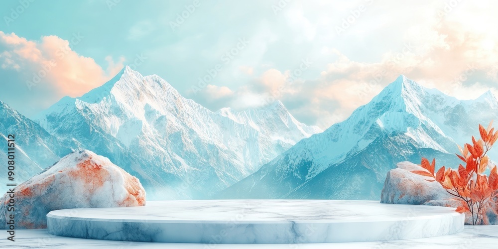 Poster Marble Platform with Snow-Covered Mountains and Autumn Leaves