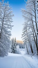 Fototapeta premium a snow covered road surrounded by tall trees