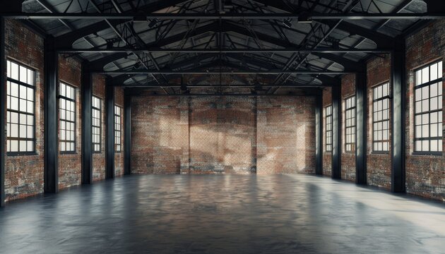 Industrial Loft-Style Warehouse Interior: Urban Chic Space with Exposed Brick Walls, Concrete Floors, and Black Steel Roof Structure. Creative Architectural Design for Modern Commercial or Residential