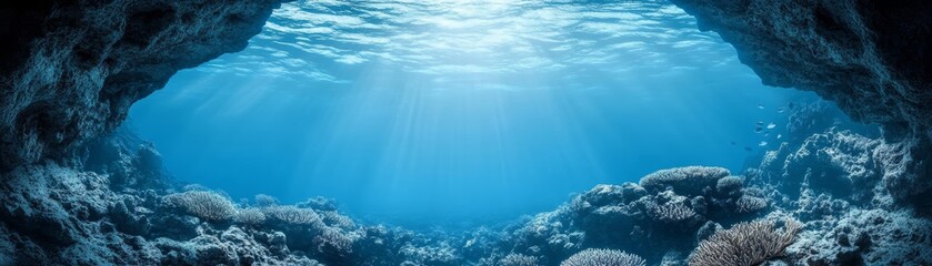 Obraz premium Sunlit Underwater Cave with Coral Reef