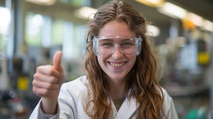 Smiling Young Woman Wearing Safety Goggles and Lab Coat Gives Thumbs Up in Laboratory