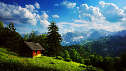 A wooden cabin nestled amidst a lush green mountain valley.