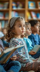 Fototapeta premium Group of Young Children Reading Books in Library, Bookshelves Background