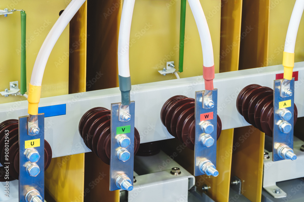 Poster a group of electrical wires are connected to a yellow box. each wire has a different colored label, 