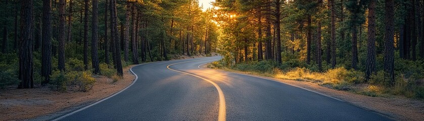 Obraz premium A winding road through a serene forest, illuminated by the golden light of sunset, inviting exploration and adventure.