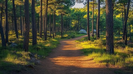 Obraz premium Dirt path leading to a campsite in pine forest, rustic and inviting