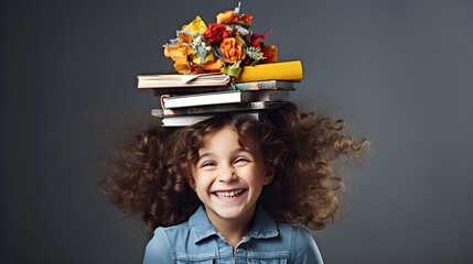 Happy Girl With Balancing Books on Head on Black Background. Education, Learning, School