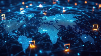 A digital illustration of a global map with interconnected lines and nodes, symbolizing worldwide wireless network coverage, with various devices like smartphones, tablets, and laptops connected