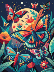 A Vibrant Nighttime Garden with Colorful Butterflies and Flowers