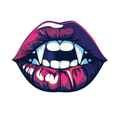 Colorful illustration depicting open mouth sharp vampire fangs. Dark purple lips magenta highlights stylized pop art effect. Isolated white background ideal Halloween vampirethemed graphics. Closeup
