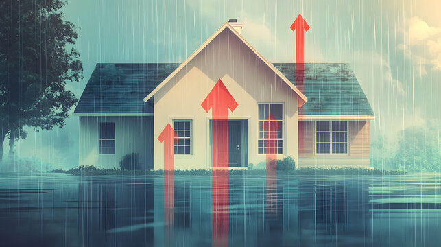 Increase in financial costs, interest, household debt and expenses concept, borrowing and debt problems, decreased demand for houses, recession or crisis, house with red arrows up