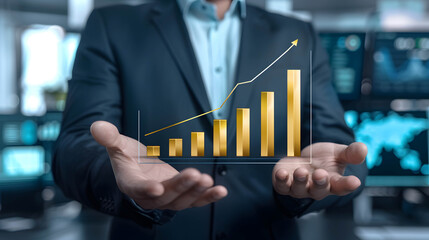Businessman and a gold bar chart that&rsquo;s trending upwards, represents sustainable company growth and increasing returns or investment return
