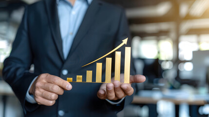 Businessman and a gold bar chart that’s trending upwards, represents sustainable company growth and increasing returns or investment return
