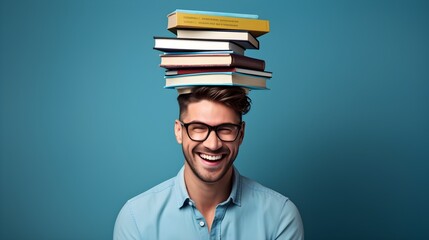 Happy Man With Balancing Books on Head on Blue Background. Education, Learning, School