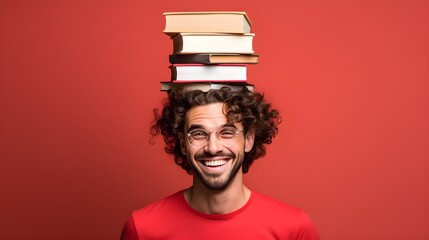Happy Man With Balancing Books on Head on Red Background. Education, Learning, School