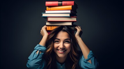 Happy Woman With Balancing Books on Head on Black Background. Education, Learning, School