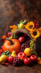 Rustic Autumn Harvest with Pumpkin and Sunflowers