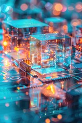 A vibrant, futuristic scene features illuminated circuit patterns and translucent cubes, reflecting a blend of technology and innovation.