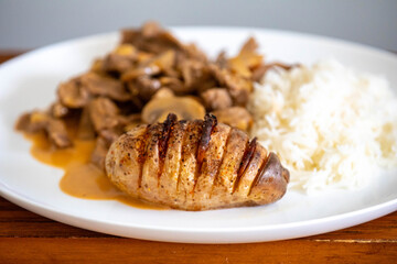 Traditional filet mignon stroganoff with rustic potatoes