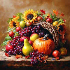 Rustic Autumn Harvest with Pumpkin and Sunflowers