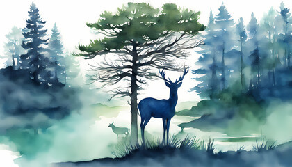 Blue Deer Silhouette Standing by Pine Tree and River in Fir Forest