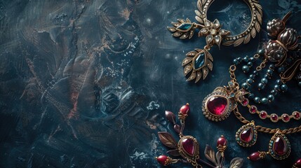 Jewelry items on dark backdrop with room for text
