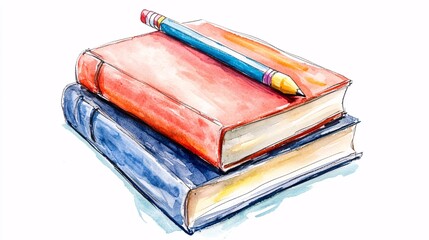 A vibrant watercolor illustration of two stacked books, one red and one blue, with a colorful pencil lying on top on white background