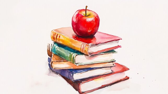 A watercolor painting of a stack of textbooks with an apple on top.