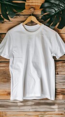 Mockup of blank white oversized unisex cotton t-shirt on hanger on wooden background. Clothing template