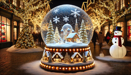 A realistic Christmas illumination featuring a giant snow globe The snow globe sparkles with lights and a festive scene inside creating a magical winter wonderland