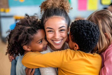 Happy smiling teacher hugging kids in the classroom.