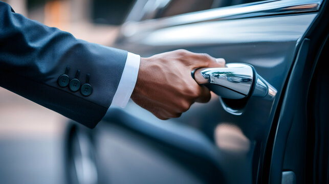 Chaffeur hand opening the car door.