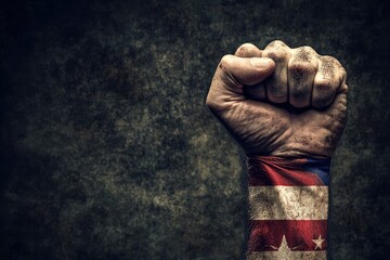 American Resolve: A Symbolic Raised Fist Wrapped in the Flag, Demonstrating Determination, Patriotism, and the Collective Strength of the Nation During Times of Political Turmoil, ai
