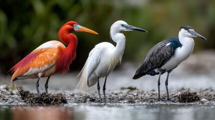 Obraz premium Three birds, a scarlet ibis, a white egret, and a black-crowned night heron, stand together on a shore.