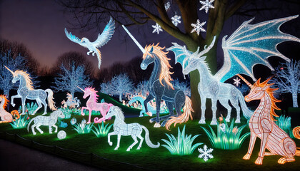 A realistic Christmas illumination featuring fantasy creatures like dragons and unicorns Glowing mythical animals in a park creating a magical landscape