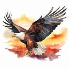 Obraz premium Majestic Bald Eagle Soaring Across a Vibrant Watercolor Sky with a Splendid Display of Colors