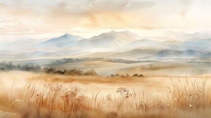 A watercolor painting of a misty mountain range in the distance, with a field of grass in the foreground.