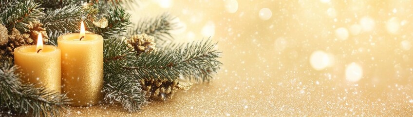 Two candles with flames on green fir branches and a golden background for Christmas, New Year