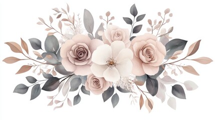 Elegant watercolor floral bouquet with blush pink roses and grey leaves, perfect for wedding invitations, greeting cards, and more.