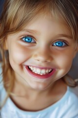 Happy smiling little girl with blue eyes and blonde hair. Cute child with beautiful face looking into camera close-up portrait