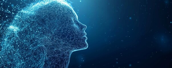 Wireframe illustration of person with digital network connections on dark blue background