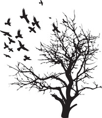 Tree with birds flying black silhouette