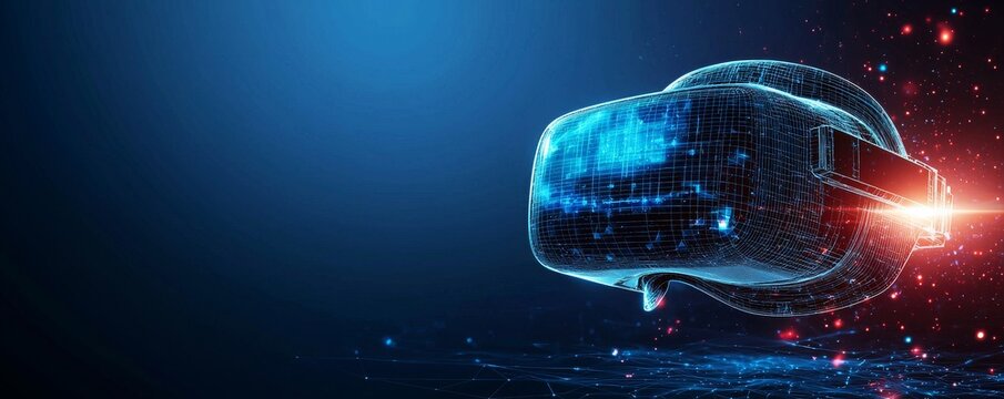 Wireframe illustration of a VR headset with digital landscape and futuristic technology - Powered by Adobe