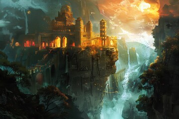 Fototapeta premium The image depicts a majestic golden citadel perched on a clifftop overlooking a misty landscape