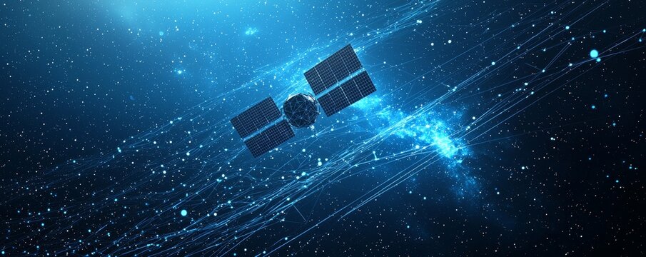 Wireframe weather satellite in space capturing data and transmitting information
