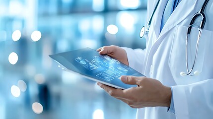 A doctor using a tablet and wearable health monitors to provide personalized wellness advice to a patient, integrating technology and healthcare seamlessly.